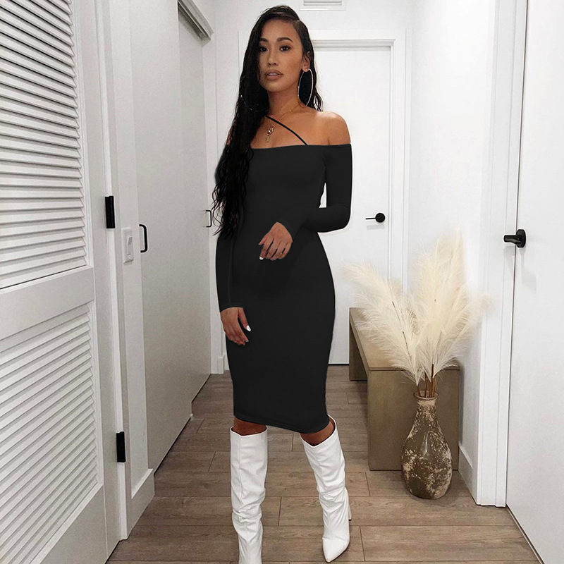 Ropa de mujer europea y americana transfronteriza 2021 otoño nueva correa de hombro sin cuello manga larga SLIM-Fit vaina sexy vestido de mujer image 6