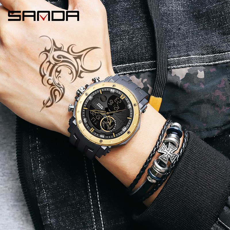 Sanda 6012 reloj de moda multifuncional doble pantalla luminosa reloj electrónico impermeable al aire libre montañismo hombres