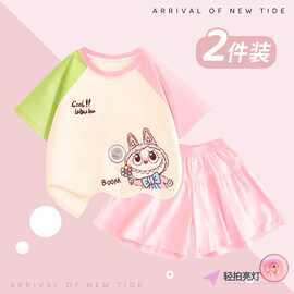 2025新款女童夏季可爱两件套装韩系小女孩卡通印花T恤拼接短袖潮