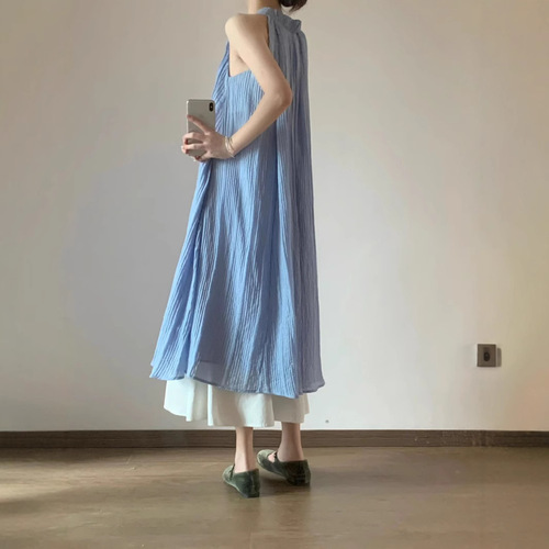French stripe texture fake two-piece dress for women's summer new style loose slimming and draping temperament long dress