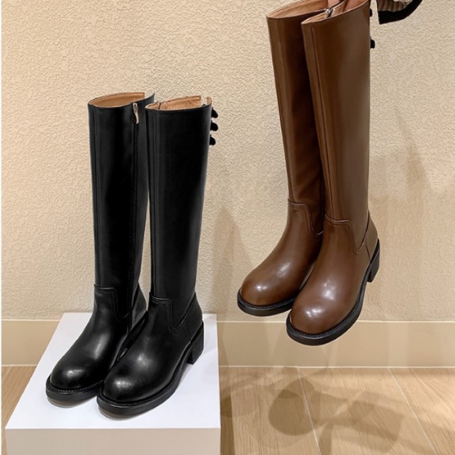 Women's Knee High Boots With Thick Heel And Buckle Side Zipper_voghion.com