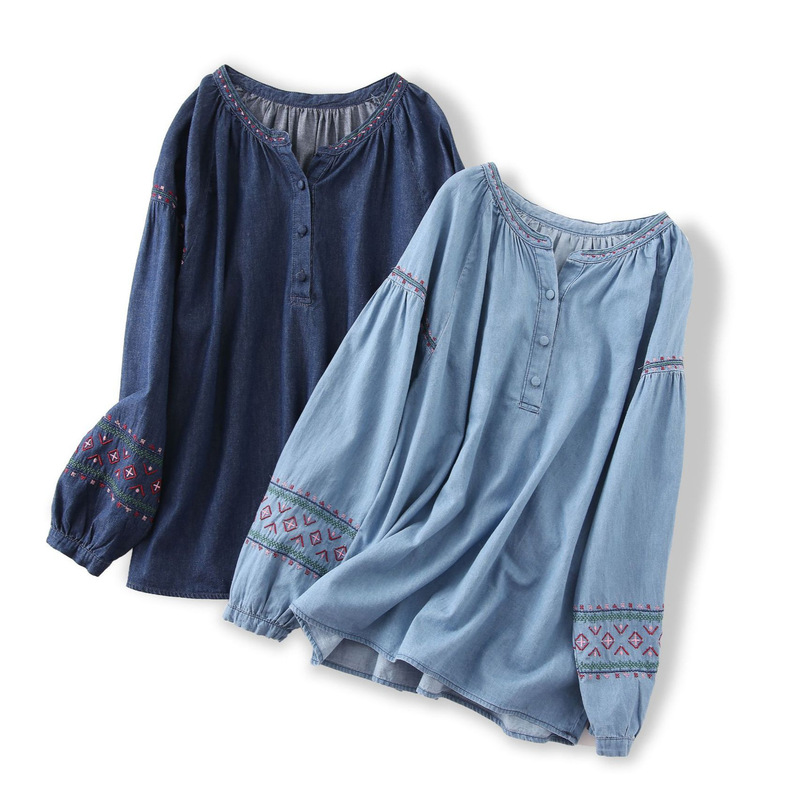 2402 Designed Embroidered Tencel Denim Shirt Women's Long-Sleeved Inner Shirt 2025 Spring and Autum Slimming Look Top