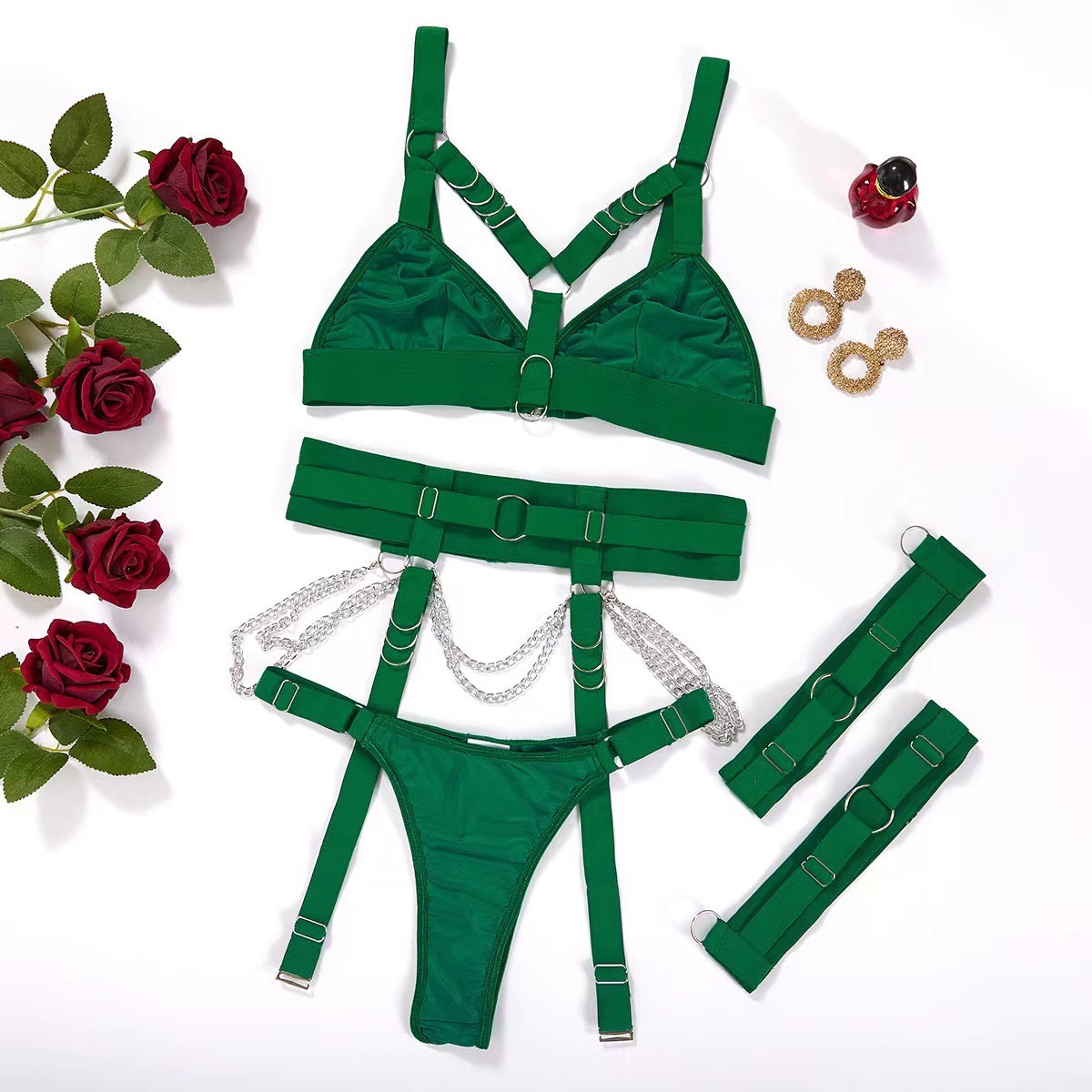 Suministro transfronterizo europeo y americano sexy vinculante cintura sello pierna anillo ajustable sexy traje de ropa interior de tres piezas mujeres