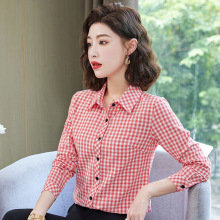 纯棉黑白格子衬衫女长袖2022春秋新款经典百搭中年妈妈磨毛衬衣寸