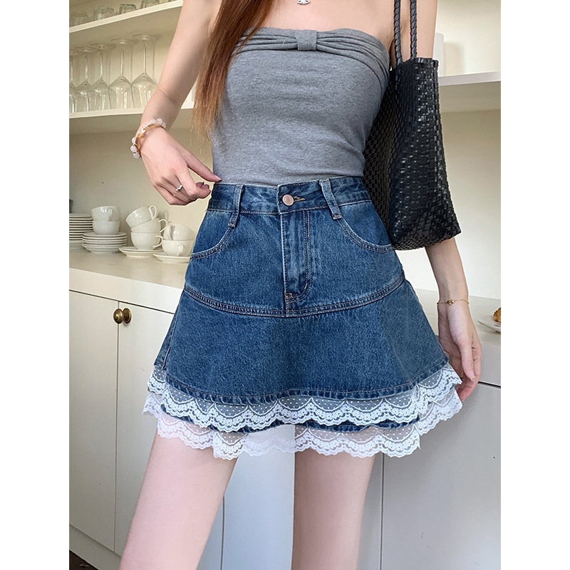 Spliced ​​Lace Cake Denim Skirt for Women 2025 Summer Anti-Exposure High-Waist Slimming Look Hip-Covering A-Line Short Skirt