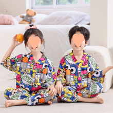 儿童夏季套装睡衣棉绸七分袖薄款男童绵绸宝家居服女童半袖空调服
