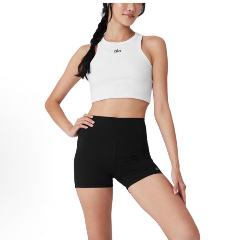 Alo Cross-Border Cropribbedtank Ribbed Short Waist-Exposing Sports Tank Top with High Round Neck and Wide Shoulder Straps, Comfortable