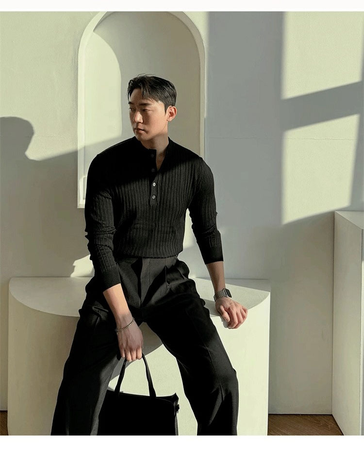 Men's Slim-Fit Henley Knit Shirt - Breathable Polyester Long Sleeve Top, Striped Muscle Fit For Gym & Casual Wear (Spring/Fall Collection)_viptrois.com