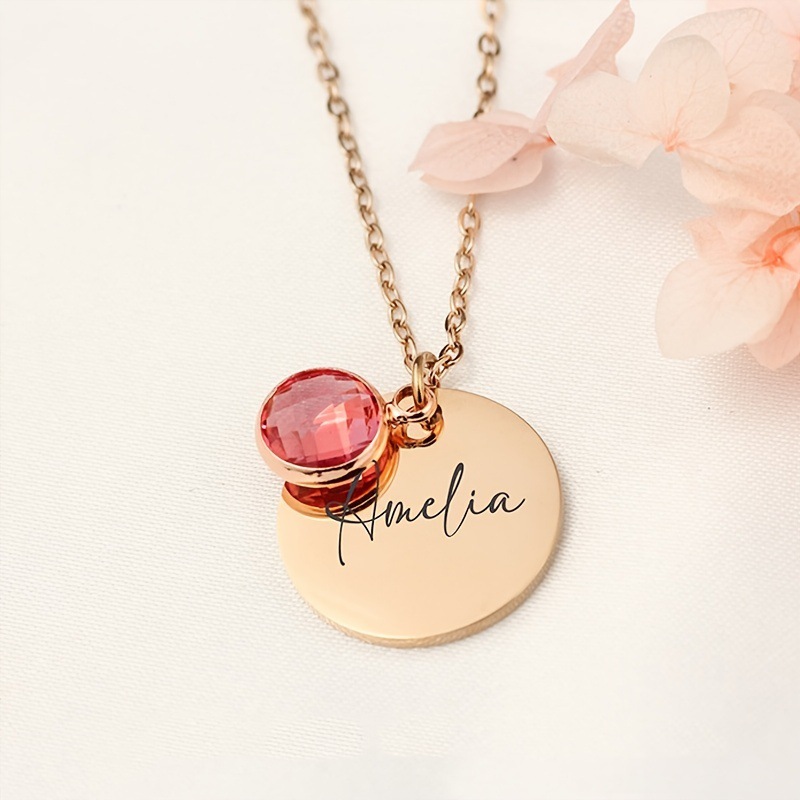 Simple Style Commute Round Stainless Steel Titanium Steel Plating Inlay Birthstone Pendant Necklace Long Necklace display picture 4