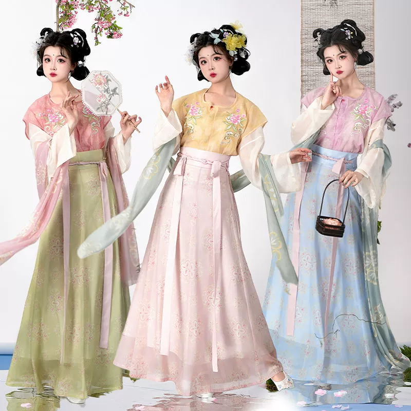 Lingxi Pavilion [Shao Hua] Оригинальная рубашка с круглым вырезом в стиле Тан с вышивкой Ханьфу и восьмипанельной юбкой длиной до талии для повседневной носки весной и летом.
