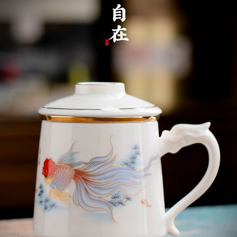 羊脂玉白瓷马克杯陶瓷大容量家用茶水分离泡茶杯办公水杯企业送礼|undefined