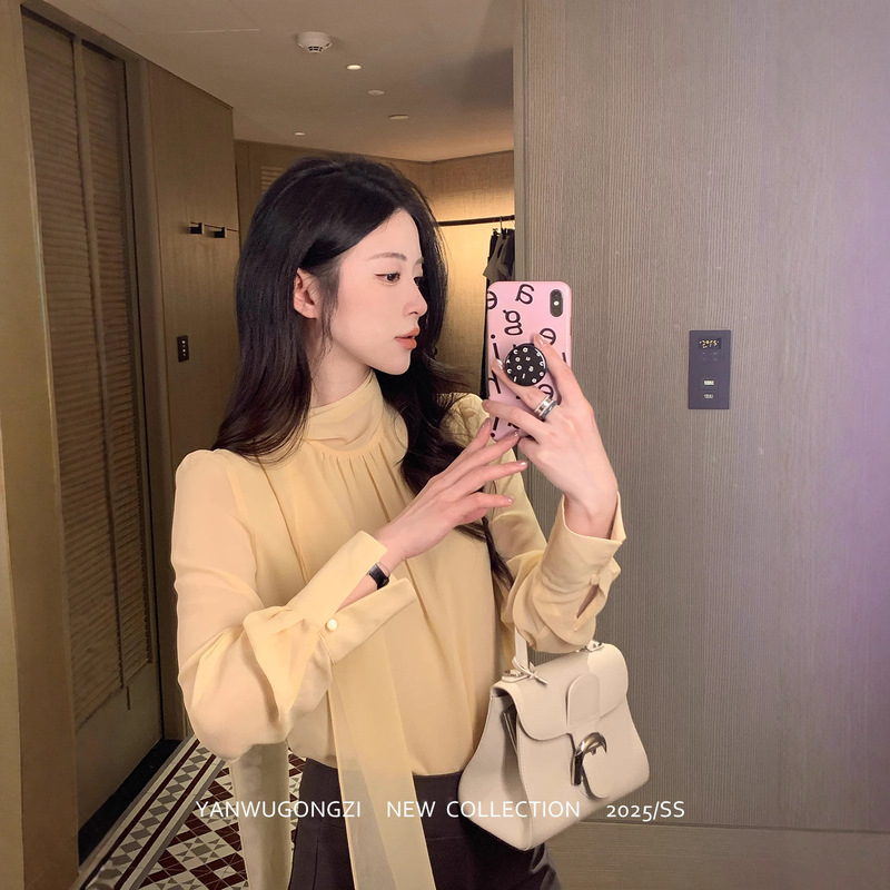 烟雾公子 法式雪纺飘带长袖上衣高级感设计减龄衬衣小众别致小衫|undefined
