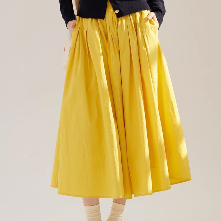 Sullenger 25 Spring Bright Yellow Skirt Xinjiang Long-pile Cotton Elasto Pleated Large Umbrella Skirt