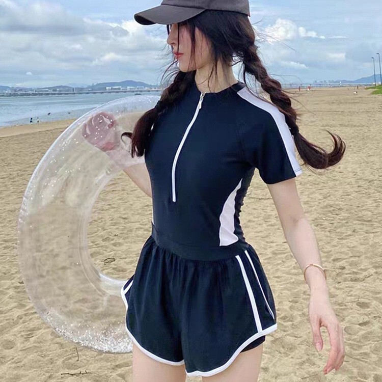 Popular Swimsuit for Women, Summer Long-Sleeved One-Piece, Conservative, Covers the Body, Slimming, Loose-Fitting, Sexy Hot Spring Boxer-Style Two-Piece Swimsuit for Girls