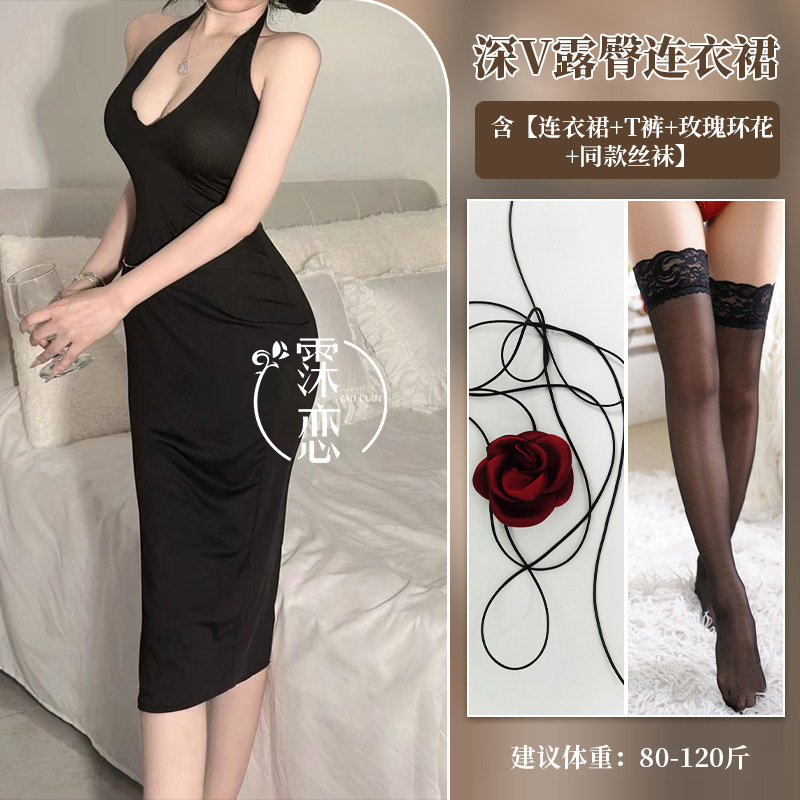 블랙 + 팬티 + 로즈 넥 링 + 블랙 스타킹