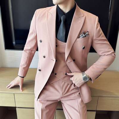 Pink Double-breasted Suit Men's K-style Slim Groomsmen Wedding Dress Fashion Banquet Host Suit