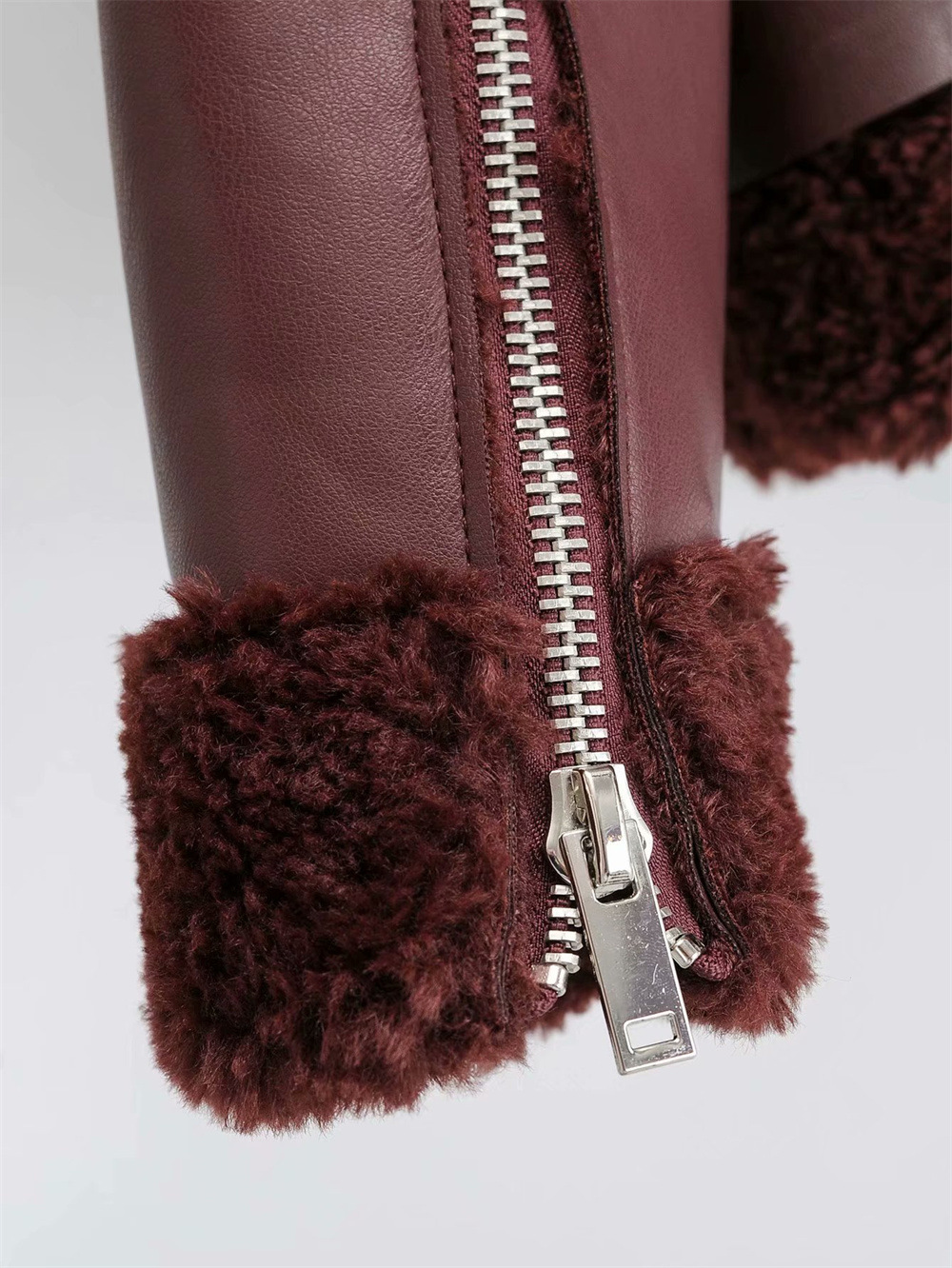 PU Leather Surplice Collar Fluffy Tie Up Coat