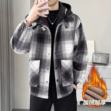 秋冬新款跨境男装毛呢衬衫长袖美式复古宽松格子衬衣男士夹克外套