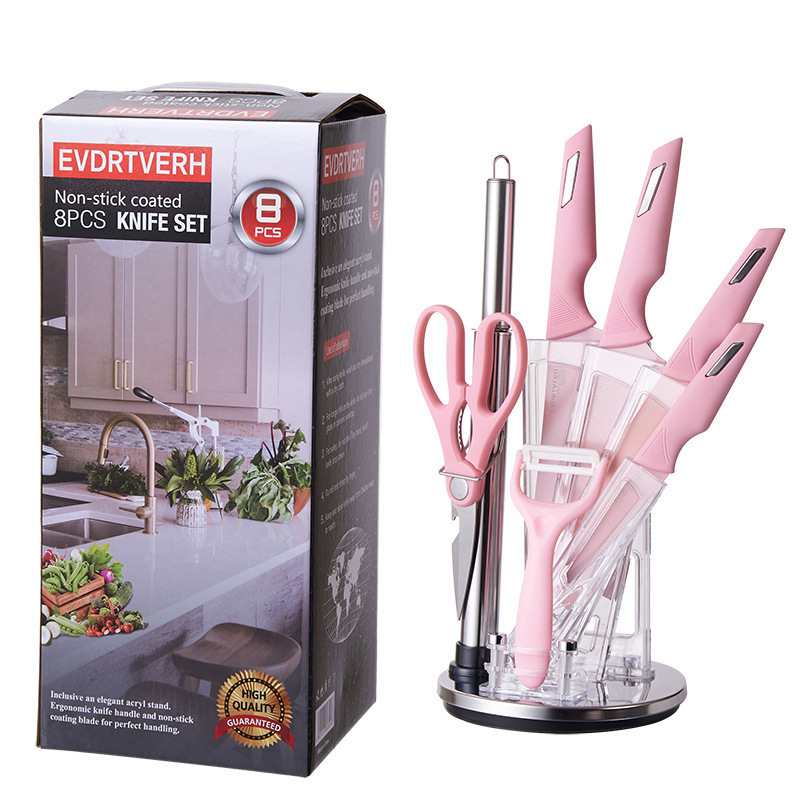 En stock fábrica Comercio exterior galvanoplastia acrílico cuchillo titular ocho piezas traje caja de regalo cuchillo conjunto de acero inoxidable aerosol pintura cuchillo cinturón