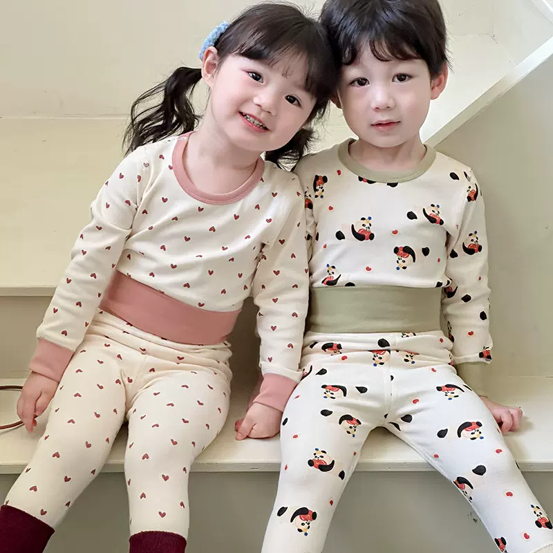 秋冬儿童高腰家居服韩系男女童保暖睡衣A类纯棉宝宝秋衣套装护肚