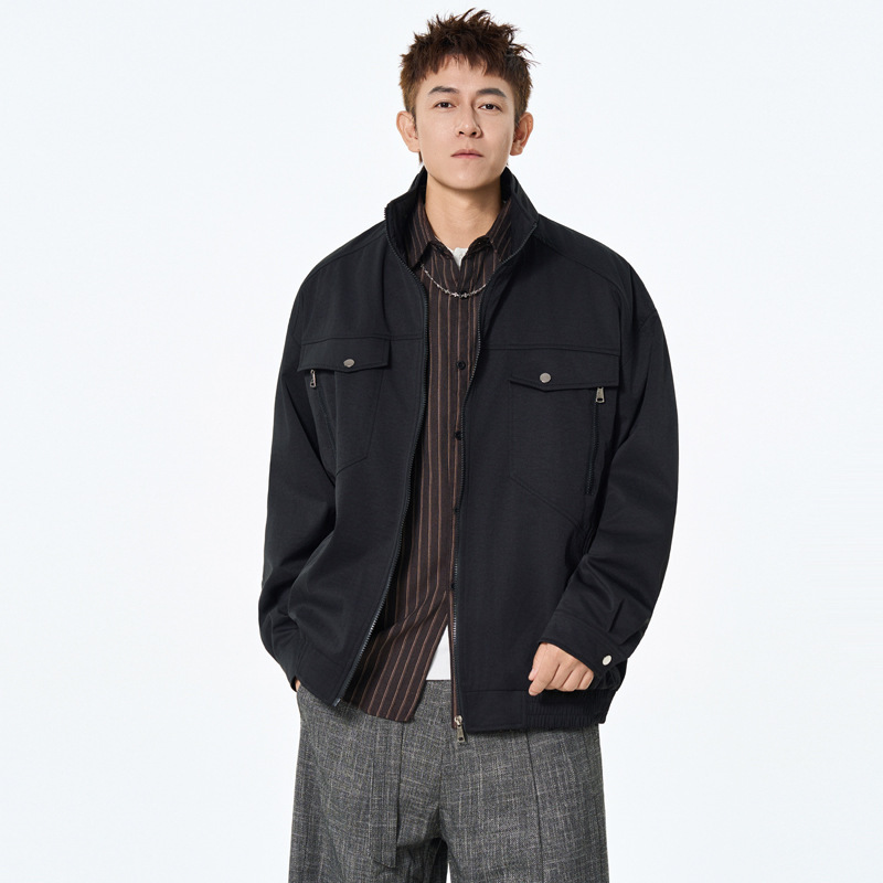 American-Style Flight Worker Jacket for Men with Zipper Design, High-End and Stylish, Stand-Up Collar Hunting-Style Baseball Jacket