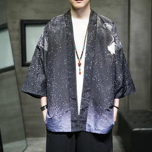 2023 Summer New Chinese Style Crane Hanfu Cardigan Men's Ethnic Print Seven-Sleeve Ancient Wear Thin Cloak for Men