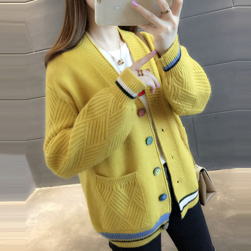 春と秋の新 V ネックカラーブロックセーター女性のコート韓国スタイルルーズ多用途ファッション西洋スタイルニットカーディガン女性|undefined