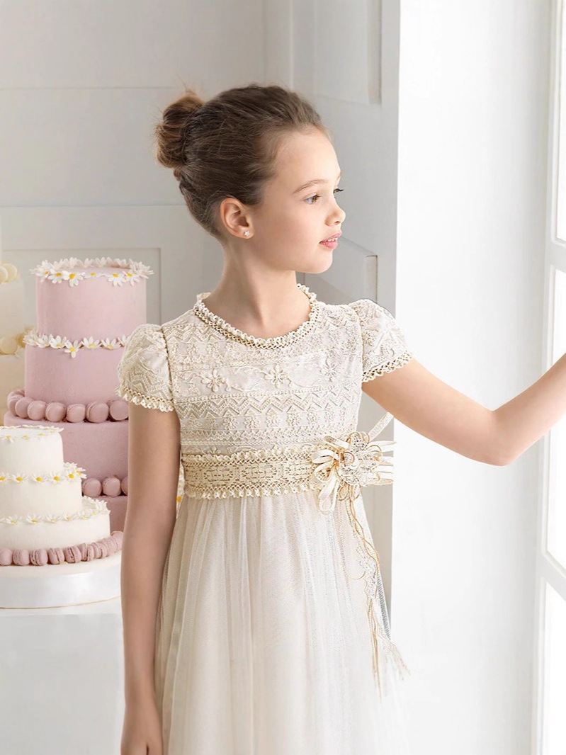 Ropa floral para niños europeos y americanos, vestidos de novia, vestidos largos de encaje para niñas, trajes de espectáculo, vestidos de princesa con lazo para cumpleaños.
