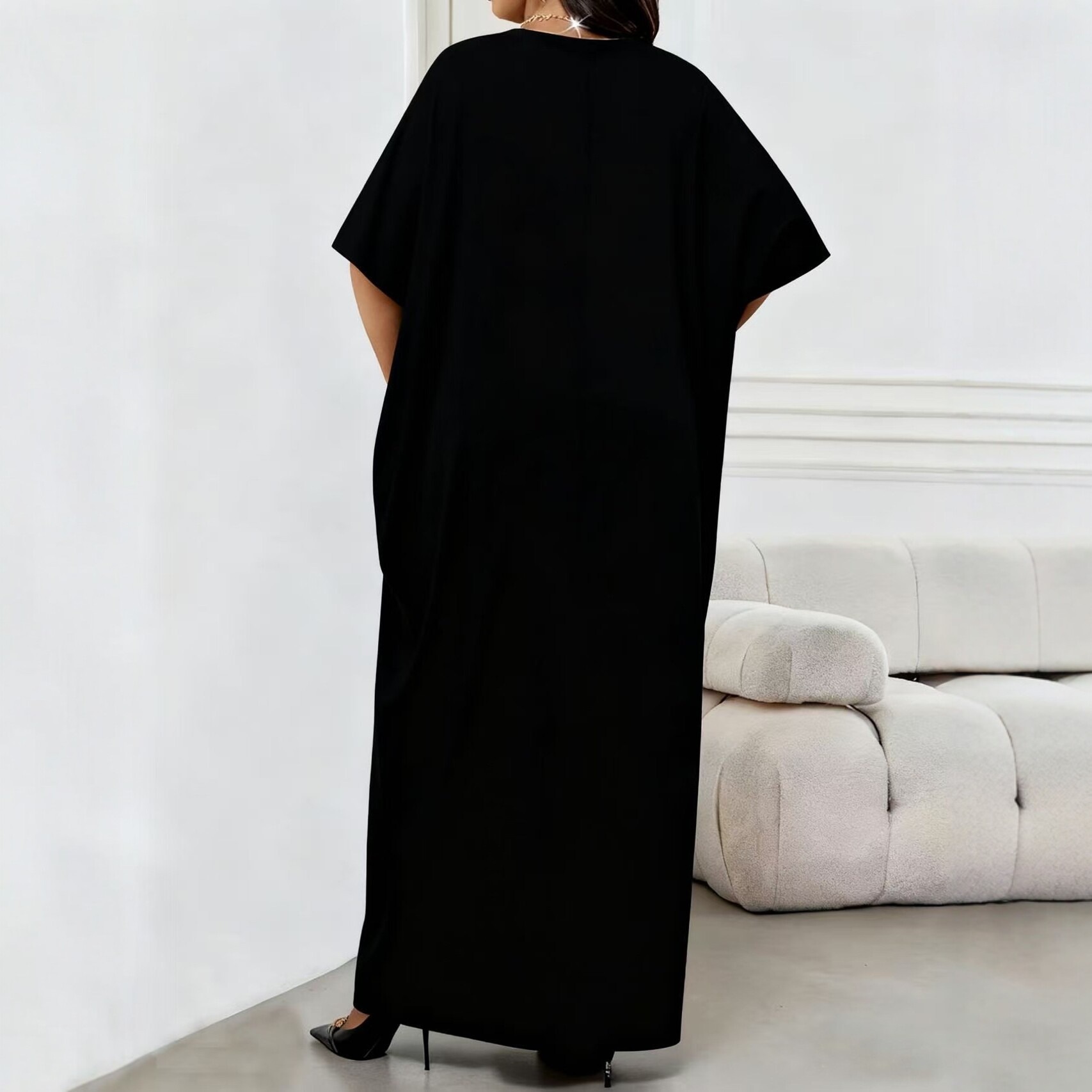 Women's Clothing Elegant V-Neck Long Dress Solid Color Plus Size Loose Fit Robe Fashionable_ecoleips.com