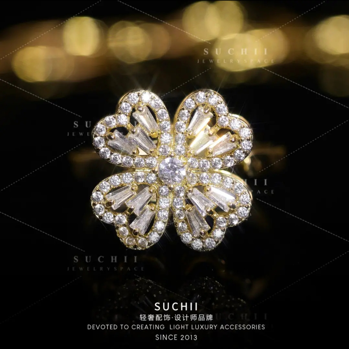 Anillo giratorio de circonita microincrustada con diseño de flor de cuatro hojas, anillo ajustable, flor giratoria tipo molino de viento, estilo fresco para mujer, superventas transfronterizo