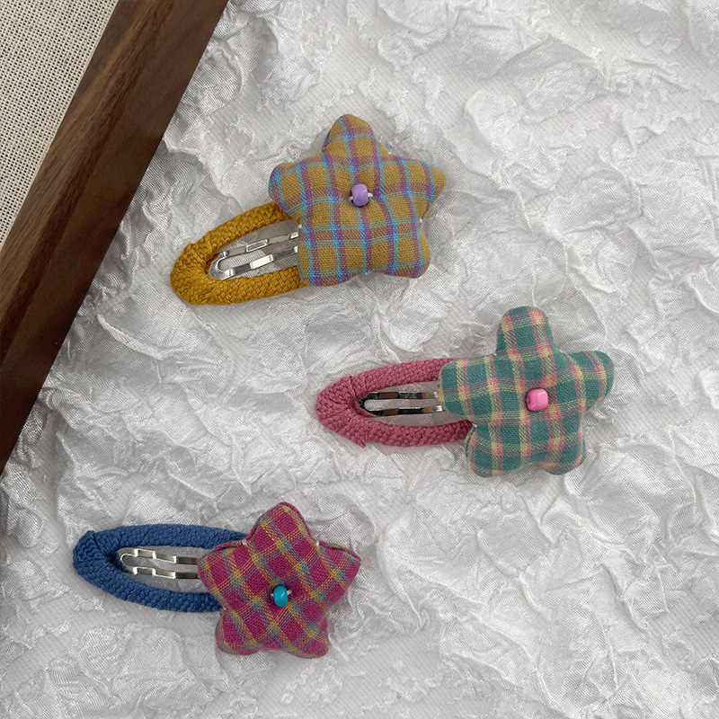 新款复古甜美格纹星星布艺塞棉鸭嘴夹对装发夹温柔少女儿童发饰