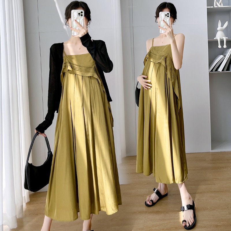 Summer Maternity Wear Loose French Retro Suspender Dress Maternity Dress+Black Cardigan Jacket