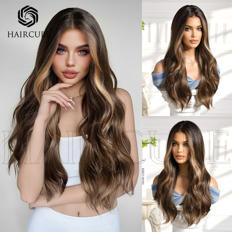 ヨーロッパとアメリカのファッショナブルなロングカーリーヘアグラデーションバンググラデーションゴールデン化学繊維ウィッグ女性用ヘッドギア在庫卸売工場|undefined