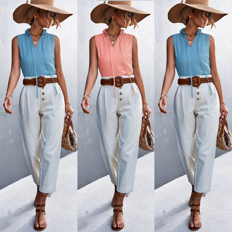 2022 Spring and Summer New Amazon Independent Station Hot Explosions Casual Ruffled V-Neck Lace Sleeveless T-shirt Top