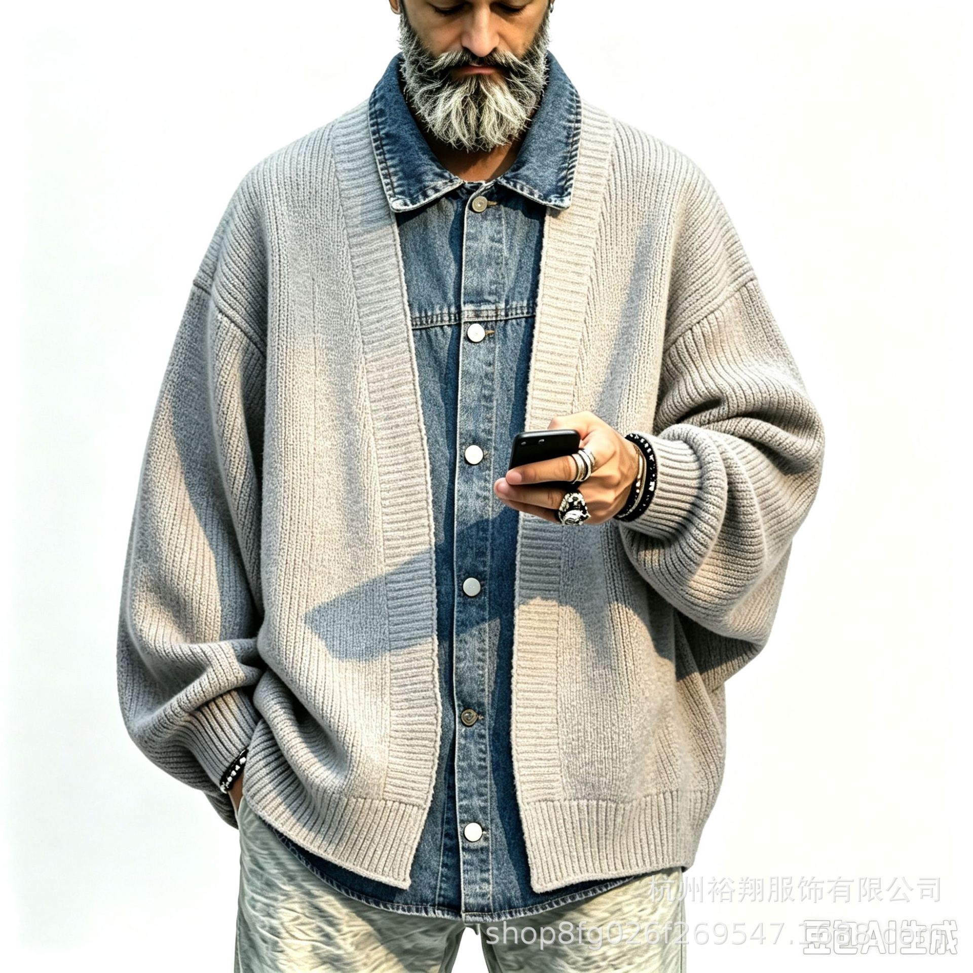Men's faux two-piece denim patchwork knit cardigan, new autumn/winter style with vertical ribbed texture, loose and casual outerwear