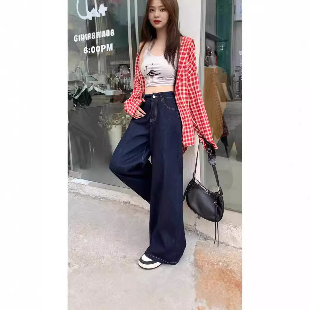 빈티지 다크 블루 넓은 다리 청바지 여성의 이른 가을 새로운 높은 허리 느슨한 투약 스트레이트 튜브 긴 바지