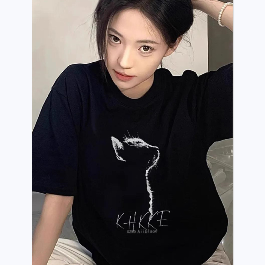 2026年新作黒色純綿半袖Tシャツレディースアメリカンスタイルゆったりルーズインスタ映え体型カバー着痩せ効果のあるミドル丈トップスおしゃれ