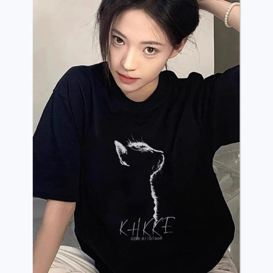 2024 New Black Cotton Short-sleeved T-shirt Women's American-style Loose Laid-back Ins Flesh-covering Slimming Mid-length Trendy Top