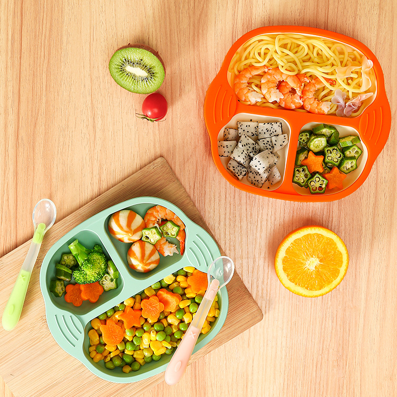 Baby Dinner Plate Children's Silicone Food Bowl Cartoon Split Plate Drop-resistant Suction Suction Plate Baby Tableware Two-color Meal Box
