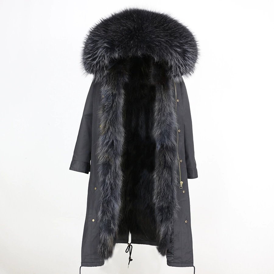 Raccoon‑dog fur mid‑length parka with large fur hood, water‑resistant outer, sizes XS–XXL