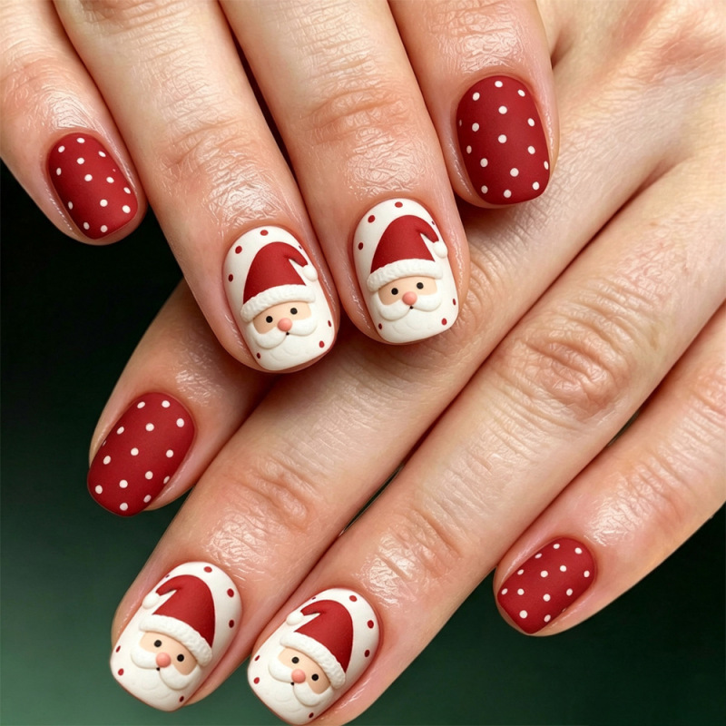 Short Square Frosted Christmas Cross-Border Nail Art with Red Background, Polka Dots, Cartoon Santa Claus Embossing, European and American Style Press-On Nails, 24 Pieces