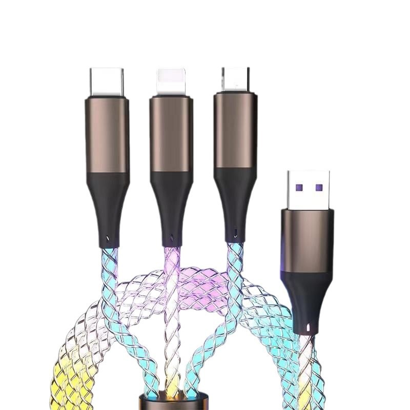 Carga súper rápida, cable de datos luminoso colorido, uno para tres, adecuado para Huawei oppo, luz de respiración de atmósfera tres en uno de Xiaomi