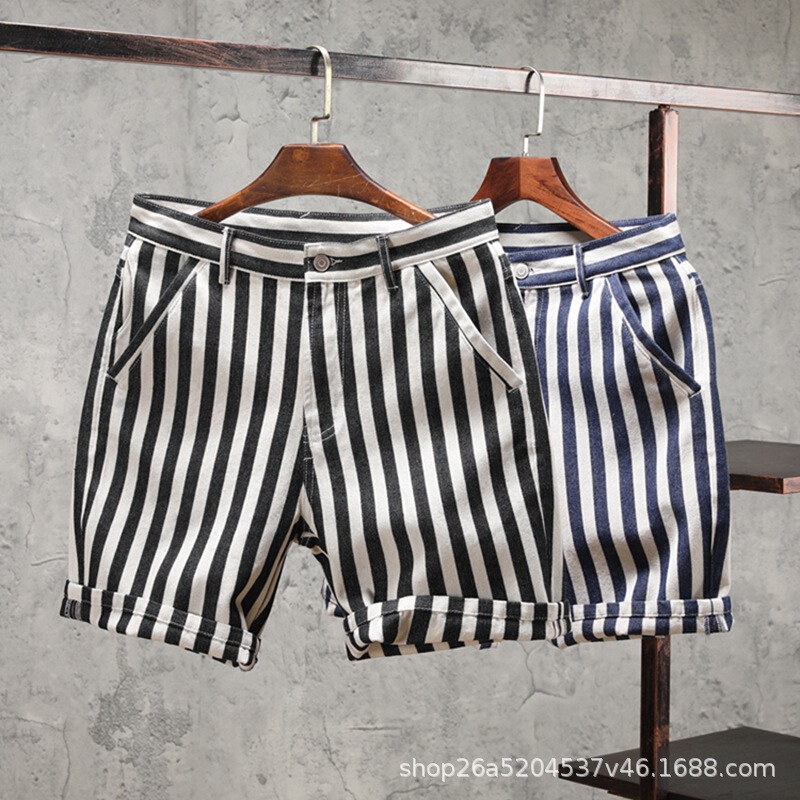 Ami Kaji American Style Tooling Denim Shorts Men's Retro Navy Black and White Canvas Striped Cropped Pants Summer Casual