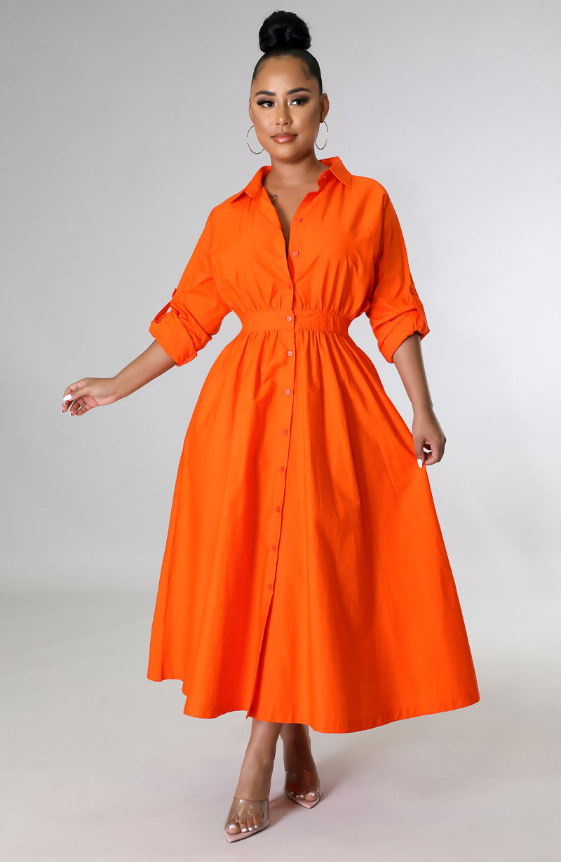 solid color long-sleeved waist shirt dress NSXHX127468