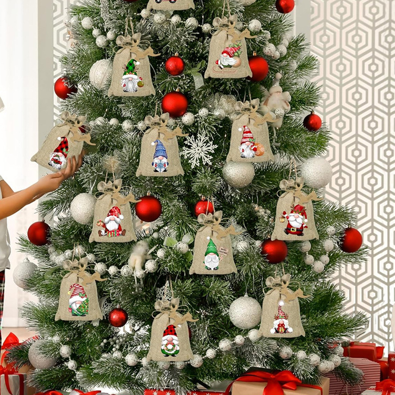 12 個クリスマスパーティーギフトバッグサンタクロースキャンディバッグ黄麻布バンドルポケットリネン包装袋|undefined