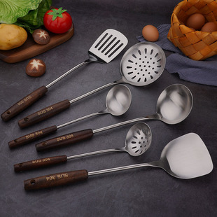 304 stainless steel spatula extended wooden handle kitchenware spatula set soup spoon frying shovel frying shovel colander kitchen supplies