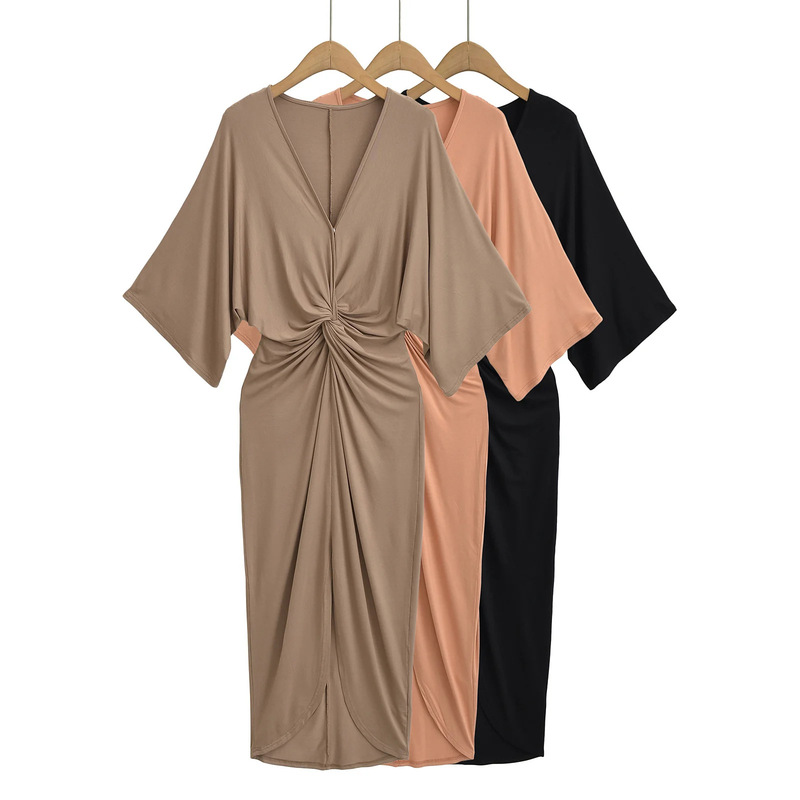 Autumn 2024 New Spice Girl Bat Sleeve dress Women's Elegant Sexy Pure V-neck Front Split Hip Dress Autumn 2024 New Spice Girl Bat Sleeve dress Women's Elegant Sexy Pure V-neck Front Split Hip Dress