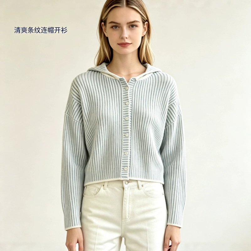 European and American Cross-Border Autumn and Winter New Casual Fashion Knitted Women's Cardigan Long-Sleeve Striped Retro Top Hooded Jacket European and American Cross-Border Autumn and Winter New Casual Fashion Knitted Women's Cardigan Long-Sleeve Striped Retro Top Hooded Jacket