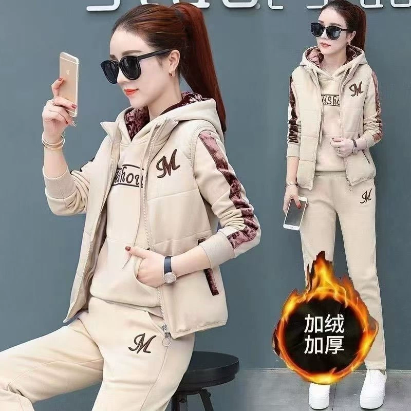 Трансграничная новая женская бархатная утолщение зимой с капюшоном повседневная теплая спортивная одежда модный набор прилив