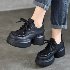 厚底單鞋小個子百搭真皮復古女鞋2024春季新款圓頭高跟系帶低幫鞋